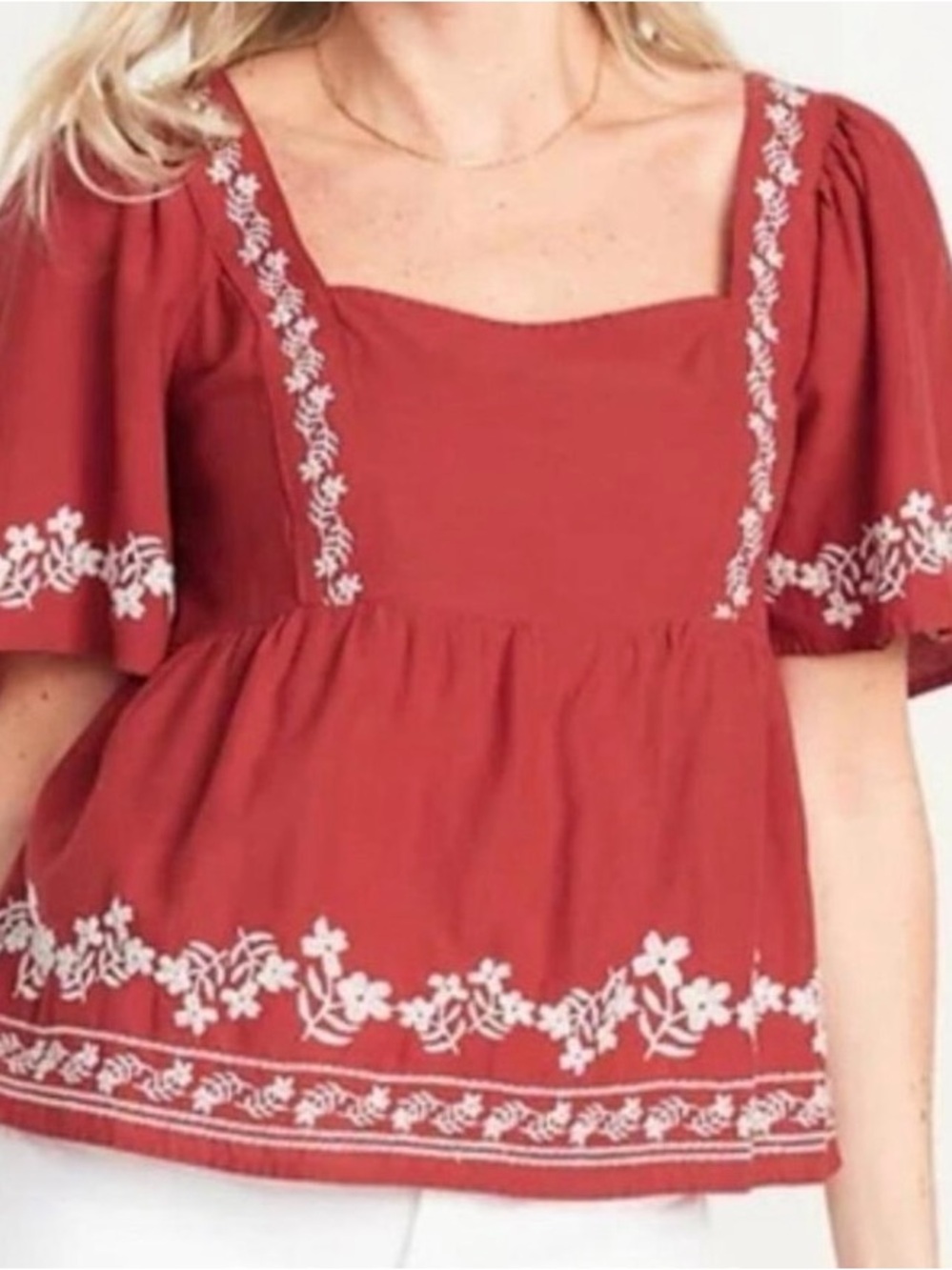 Old Navy Rust Red Square-Neck Embroidered Peplum Top